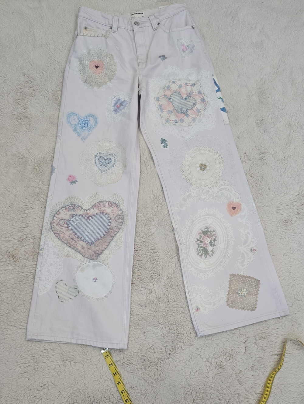Women’s Embroidered Heart Patchwork Jeans - Pale Pink